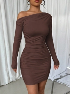 Slim fit coffee brown one-shoulder ruched dress with long sleeves and bodycon style