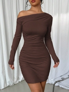 Detail of ruched side texture and slim fit design on this dark brown off-shoulder dress