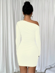 Chic cream off-shoulder long sleeve bodycon dress with elegant ruched details back view