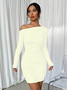 Detail view of cream off-shoulder long sleeve dress with ruched bodycon textures