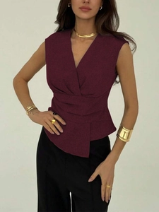 Elegant wine red sleeveless V-neck top with pleated waist detail for women