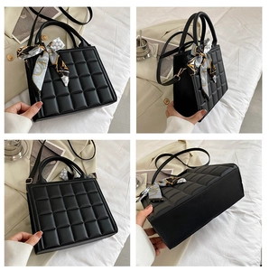 Detailed four-view display of a black quilted tote bag featuring a decorative silk scarf