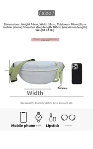 Größentabelle für süße Brusttasche mit Maßen 33x16x10cm und Kapazität für Alltagsdinge