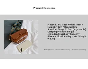 Detailed size and material chart of caramel PU leather saddle bag with wide shoulder strap
