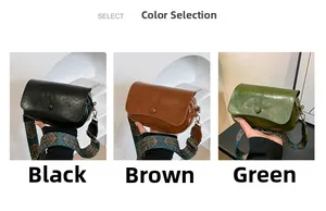 Three stylish PU leather saddle bags in black, brown and green with woven straps
