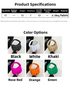 Detailed specs of the mini quilted cloud bag showing dimensions and six vibrant colors