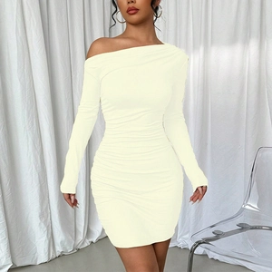 Beige ruched bodycon mini dress featuring an asymmetrical one-shoulder and long sleeves
