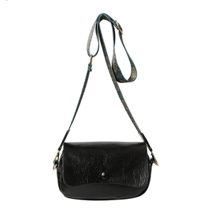 Fashionable black PU leather crossbody saddle bag with colorful jacquard woven strap