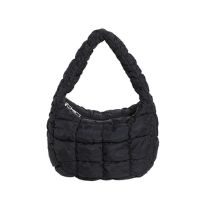 Minimalist black quilted cloud tote bag with glossy finish and silver metal zipper