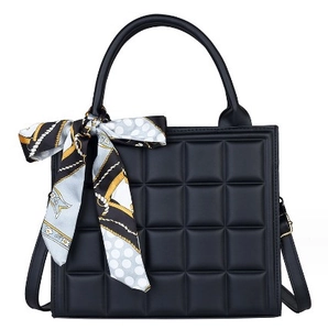 Large black checkered tote bag with patterned silk scarf and adjustable strap