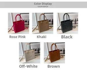 Multiple colors of square crossbody bags including rose pink, khaki, black, and beige
