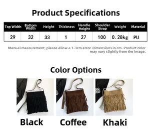 Tableau des tailles détaillé et dimensions du sac cabas à glands en PU en couleurs