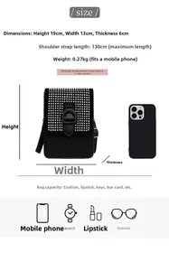 Spécifications de taille pour un sac de téléphone à clous noir avec dimensions et capacité