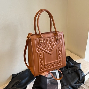 Geometric Triangular Embossed PU Leather Shoulder Bag For Women Trendy Square Handbag Small Tote With Double Handles Adjustable Strap