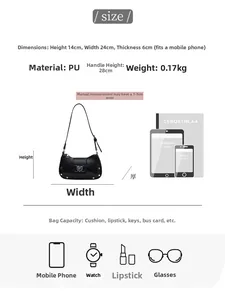 Detailed size chart showing dimensions and PU material for this black underarm bag