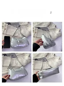 Multi-angle views of silver crescent shoulder bag with heart buckle and metal rivets