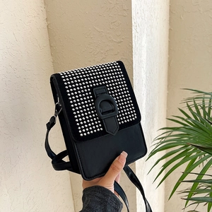 Sac de Téléphone Portable en Cuir PU pour Femme avec Strass Petit Sac Carré Bandoulière avec Boucle en D Style de Rue