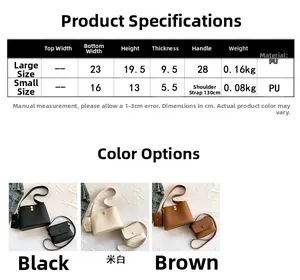 Detailed size chart for solid color PU leather handbags showing dimensions for large and small sizes