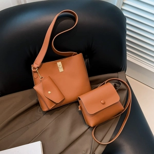 Women PU Leather Bags With Bucket Tote And Crossbody Bag And Coin Pouch Minimalist Retro Style Gold Turn Lock