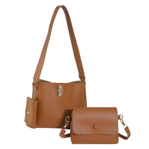 Three-piece set of brown PU leather shoulder bag, crossbody bag and pouch with gold hardware