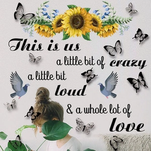 Detailed wall sticker featuring sunflowers, butterflies, pigeons and family love quote