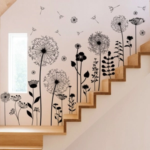 Stickers muraux pissenlit noir minimaliste avec silhouettes de fleurs pour décoration