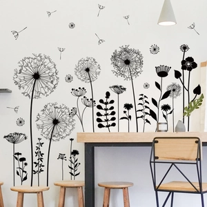 Détails de stickers muraux noirs silhouettes de pissenlit sur un mur blanc épuré