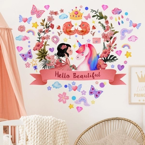Pink unicorn and princess girl wall stickers set for nursery room background decor