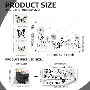 Detailed size guide for black dandelion wall stickers with 3D butterflies dimensions
