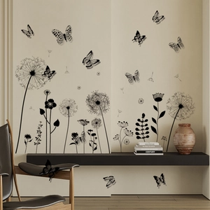 Detail of 3D black dandelion wall stickers with fluttering butterflies in a modern living room