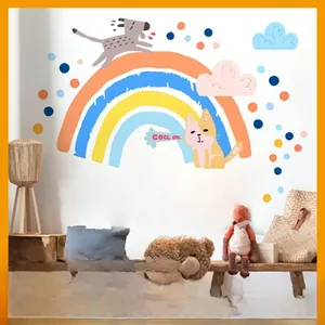Vibrant rainbow and cartoon animals wall sticker detail for nursery and kids' bedroom décor
