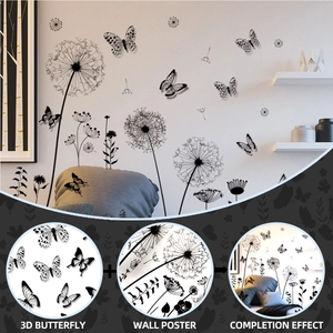 Detail of 3D black butterfly wall stickers and dandelion decals for home wall decoration