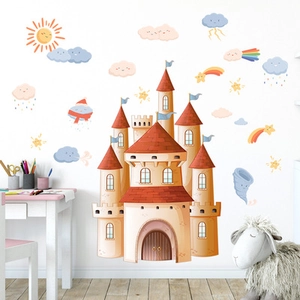 Colorful cartoon castle and rainbow wall decals set for kids room decoration