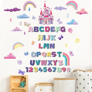 Pink castle wall decal set with colorful rainbows and full alphabet for kids room