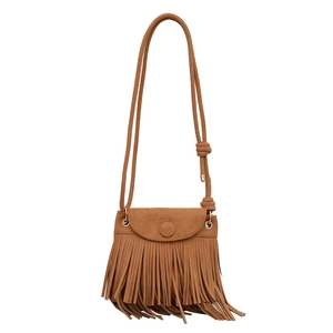 Sac bandoulière marron en suédine avec franges et boucle ronde élégante