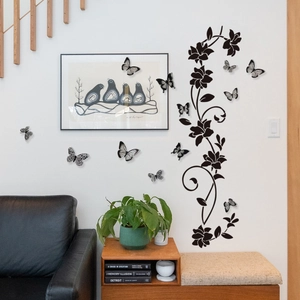 Modern black floral vine and butterfly wall stickers for living room decor set