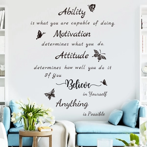 Sticker mural citations inspirantes anglaises avec papillons noirs pour décor moderne