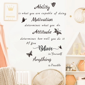Sticker mural citations anglaises et papillons pour une décoration de chambre épurée