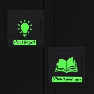 Luminous light switch stickers featuring neon green bulb and book icons for kids room