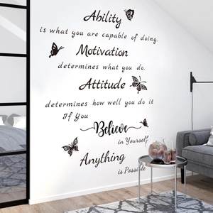 Sticker mural inspirant avec citations de motivation en anglais et décors de papillons