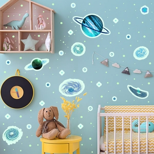 Luminous blue universe wall stickers with glow-in-the-dark stars set for kids' room