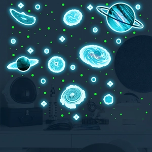 Luminous blue universe planet wall stickers with glowing green stars for kids room