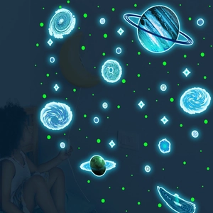 Luminous solar system wall stickers with glowing blue planets and green stars in kids room