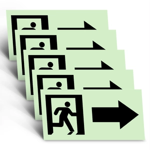 Set of 5 luminous safety exit signs with fluorescent glow effect and right arrow