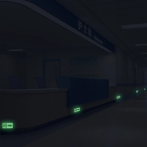 Glow-in-the-dark emergency exit path stickers with green arrows for public safety guidance