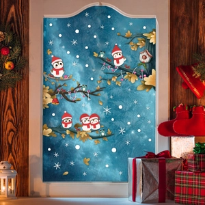 Festive Christmas window decals featuring cartoon owls with scarves on snowy branches