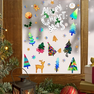 Merry Christmas static glass stickers with reindeer and tree on window glass decor