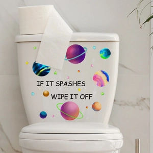 Luminous space planet toilet stickers with stars and warning text on white bathroom tank