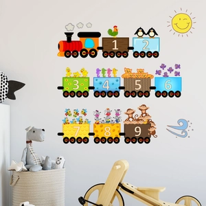 Adesivi murali con treno di animali colorati e numeri 1-9 per camera dei bambini