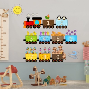 Dettaglio di adesivi murali treno animali colorati per cameretta con i numeri da 1 a 9